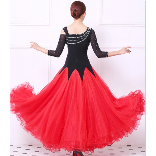 Custom size stones Ballroom Competition Dance Dress Women Tango Flamenco Dancing Costume Black red hot pink Waltz Ballroom Dresses